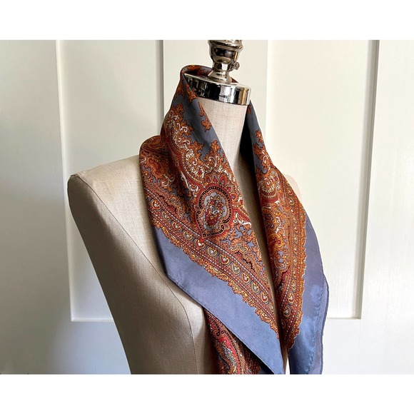 Vintage Handrolled Edge Silk Scarf Orange, Yellow, Gold, Grey - Picture 1 of 7